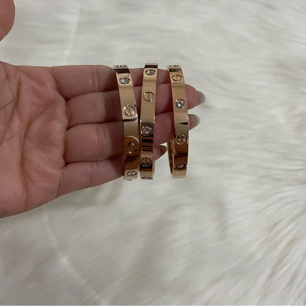 Stainless Steel Screw Cuff Bangle Bracelet 4 Stones Screwdriver Rose Gold